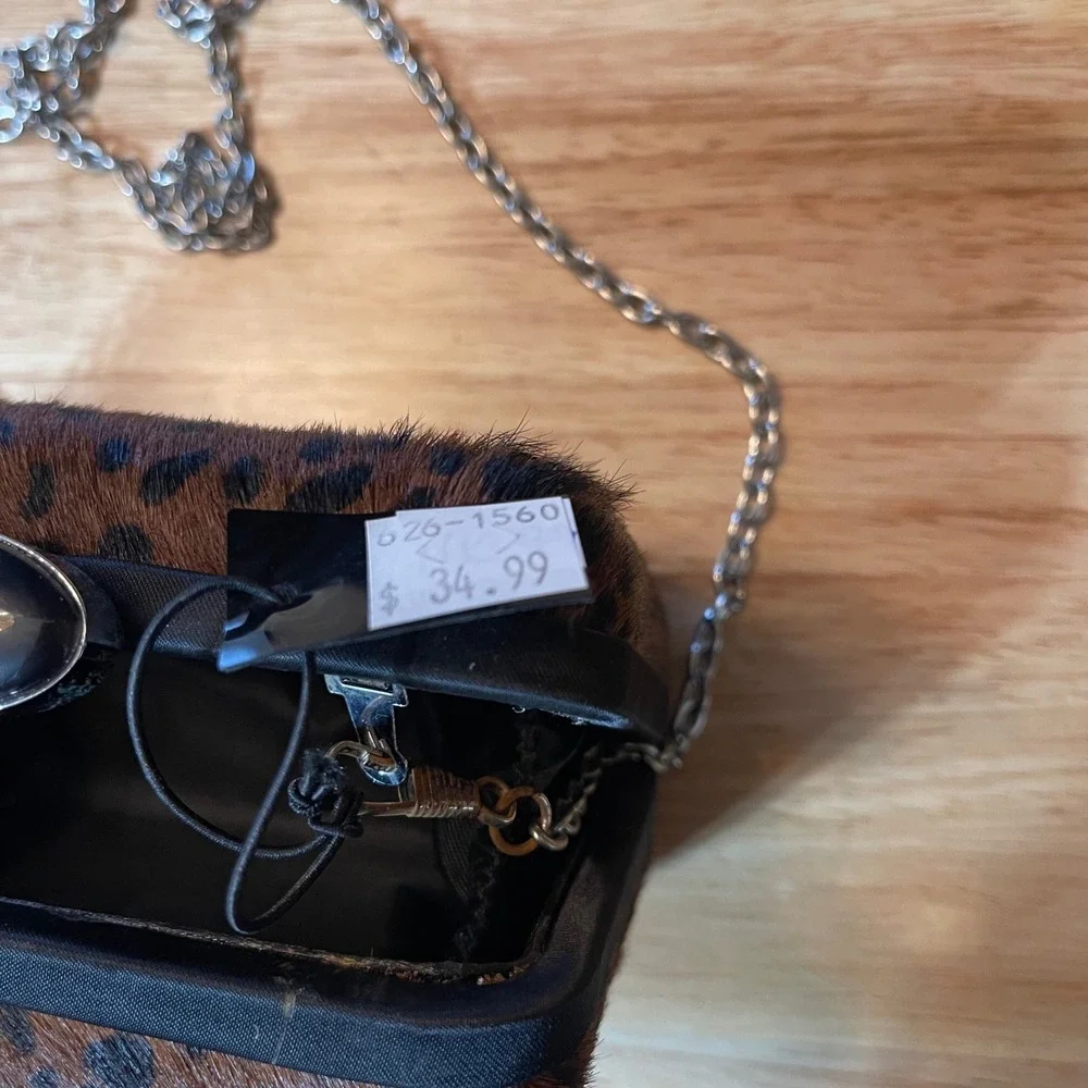 NEW Leopard Print‎ Calf Hair Box Clutch Chain Strap Brown Black Evening Bag